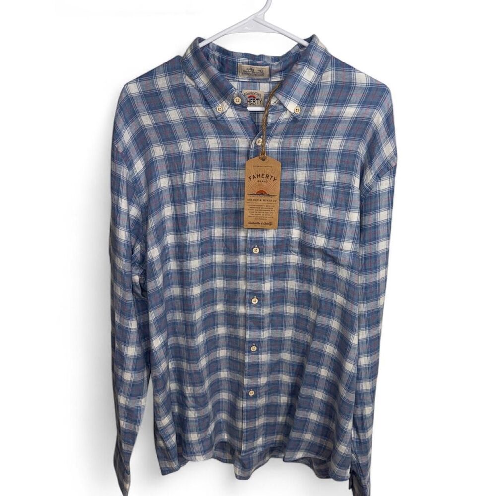 Faherty Brand Men's Blue Plaid Long Sleeve Button-Up Shirt XL NWT